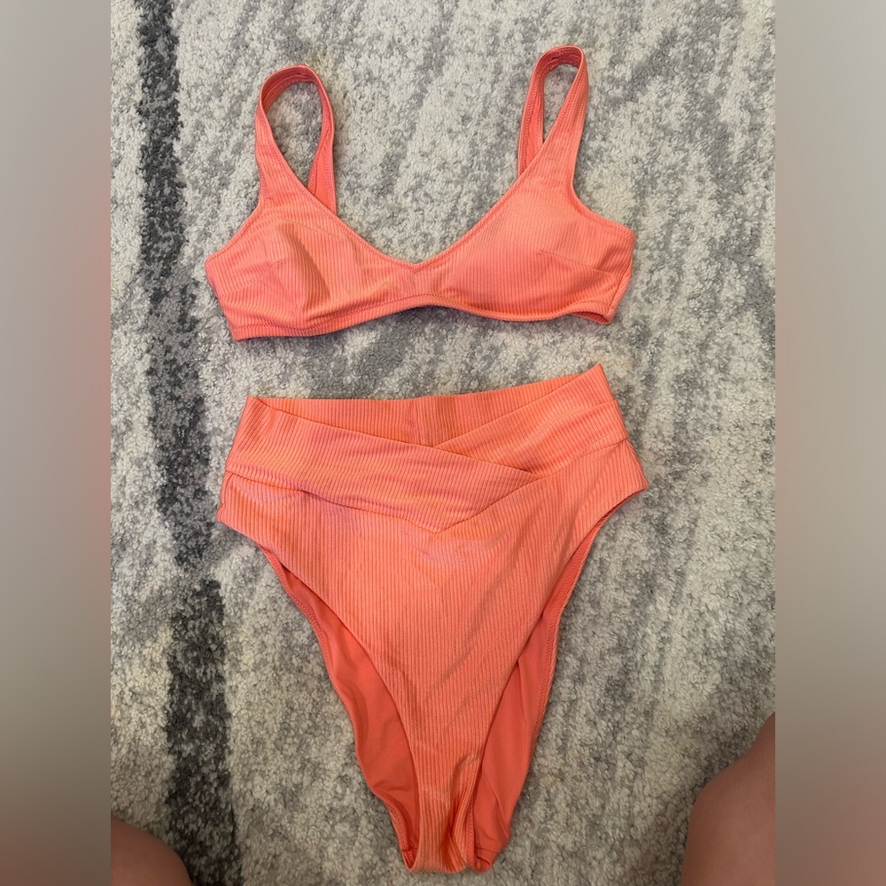 AERIE high waisted bottom bikini set. The color is coral!